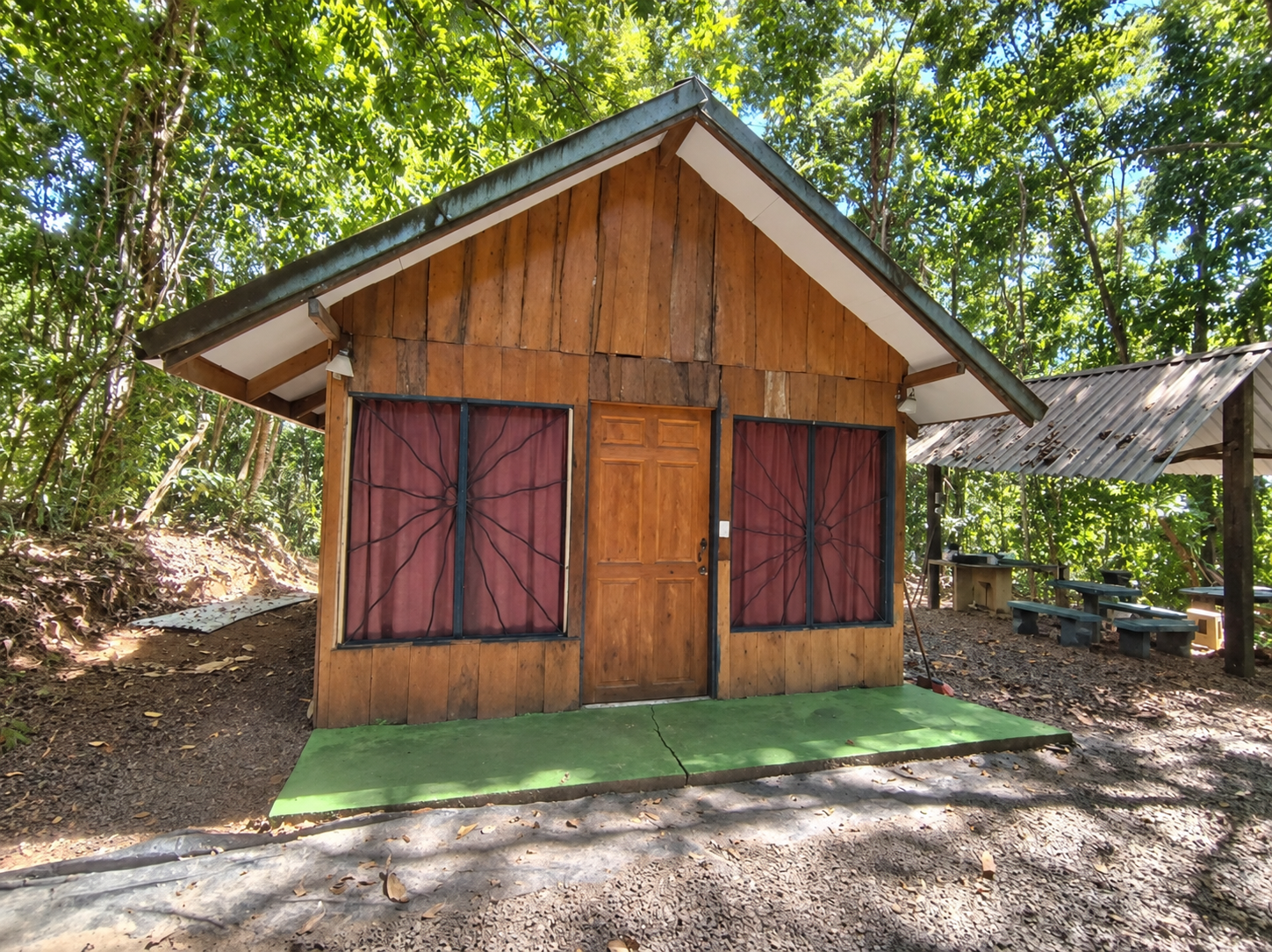 Cabaña de madera rodeada de bosque tropical
